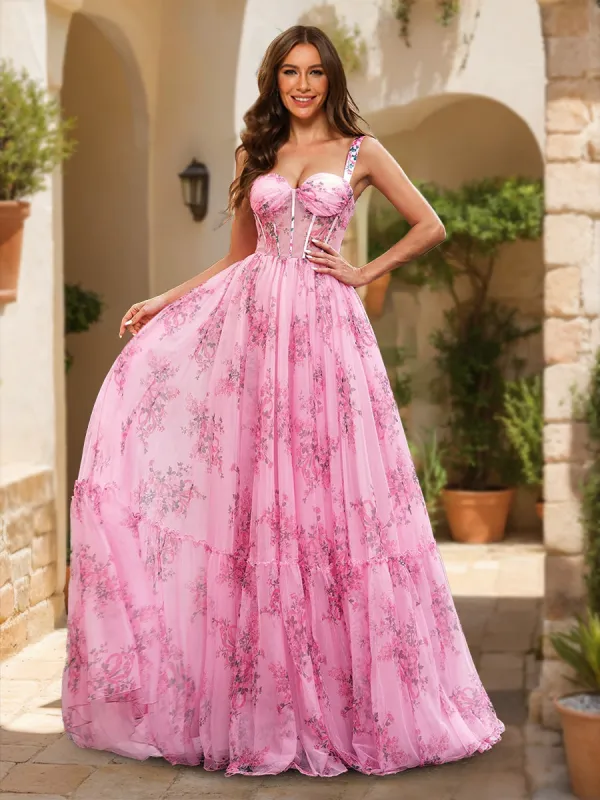 A-Line/Princess Straps Printed Floral Princess Dress Long Prom Dresses sold by Lavetir