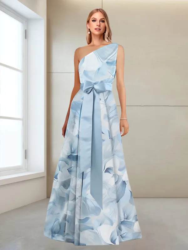 A-Line/Princess One-Shoulder Sleeveless Printed Floral Mother of the Bride Dresses with Bow sold by Lavetir