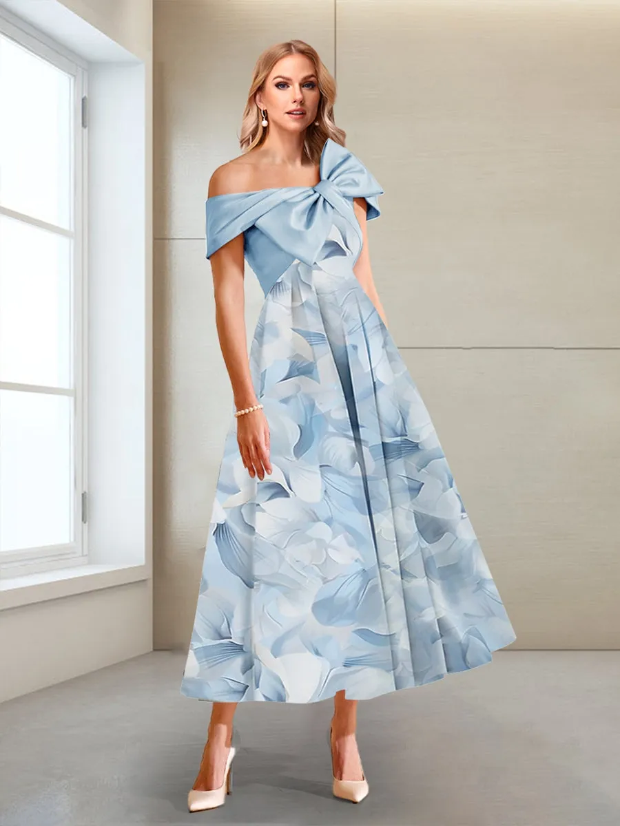 A-Line/Princess Off-the-Shoulder Short Sleeves Printed Floral Mother of the Bride Dresses with Bow sold by Lavetir