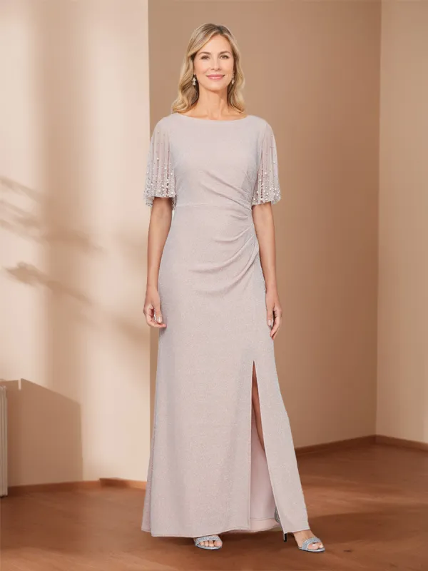 Sheath/Column Crew Neck Flutter Sleeves Ruched Mother of the Bride Dresses with Beads sold by Lavetir