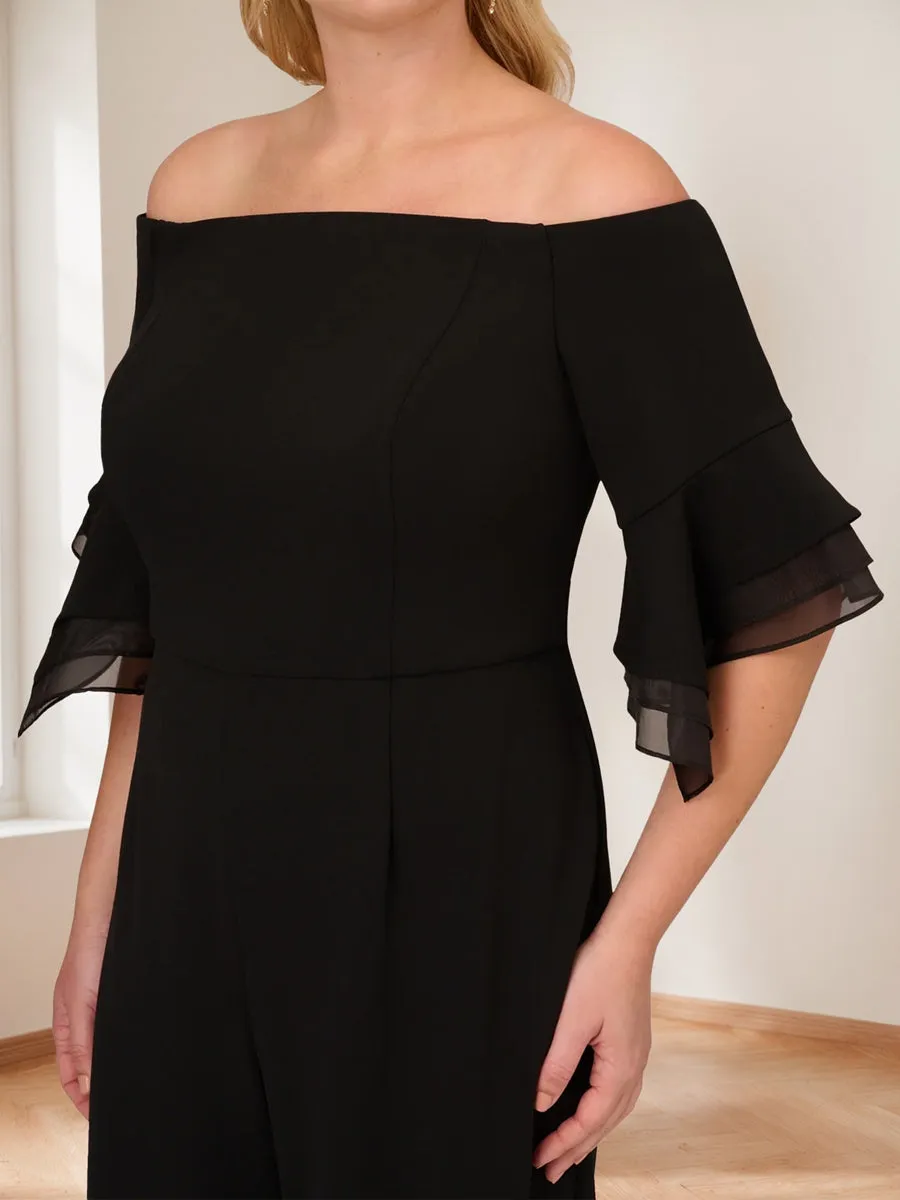 Chiffon Off-the-Shoulder 3/4 Sleeves Mother of the Bride Pantsuits with Ruffles sold by Lavetir product image thumbnail 3