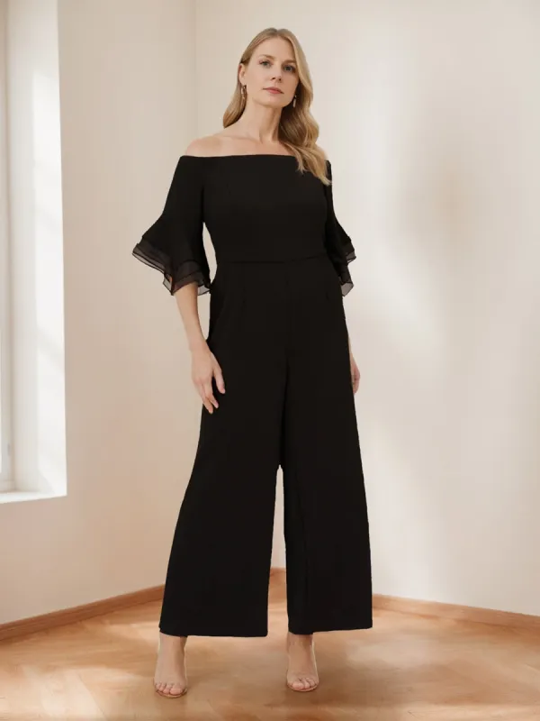 Chiffon Off-the-Shoulder 3/4 Sleeves Mother of the Bride Pantsuits with Ruffles sold by Lavetir