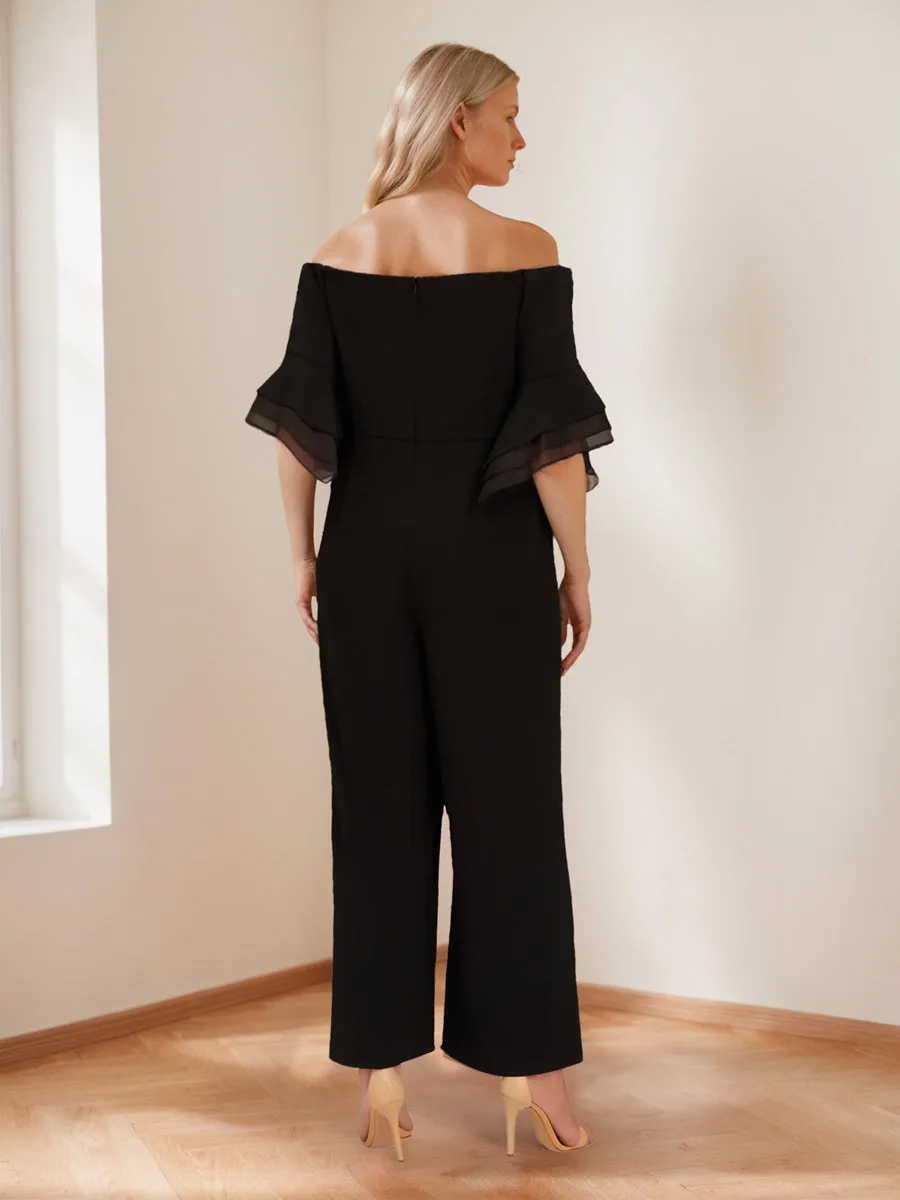 Chiffon Off-the-Shoulder 3/4 Sleeves Mother of the Bride Pantsuits with Ruffles sold by Lavetir product image thumbnail 2
