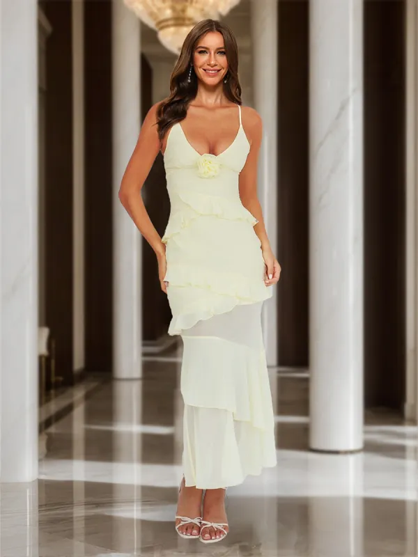 Sheath/Column Straps V-Neck Rosette Maxi Dress Long Prom Dresses with Ruffles sold by Lavetir