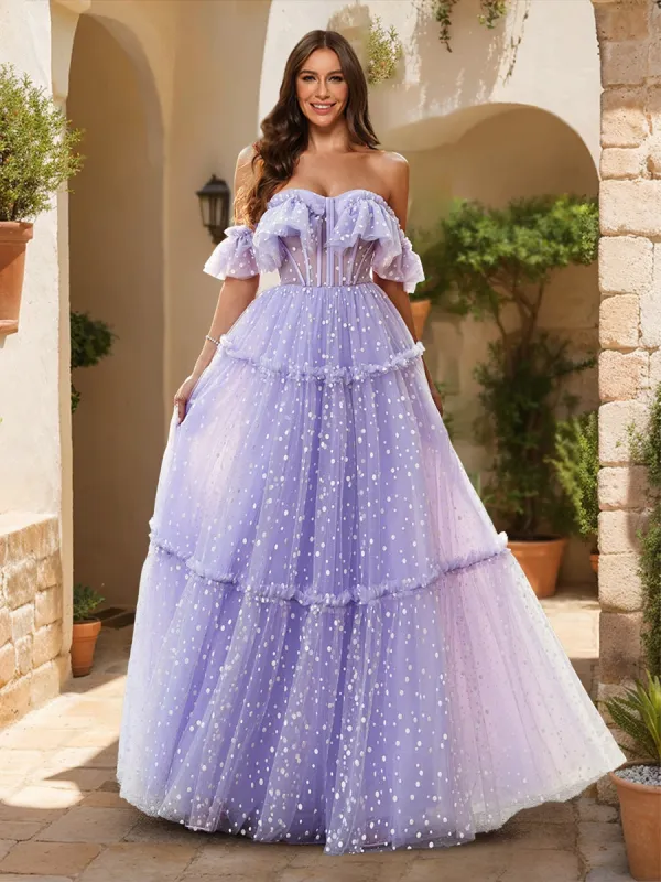A-Line/Princess Off-the-Shoulder Sheer Corset Ruffled Tulle Prom Dresses with Polka Dots sold by Lavetir