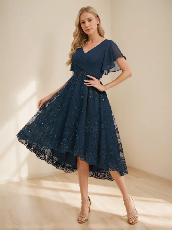 A-Line/Princess V-Neck Flutter Sleeves Asymmetrical Mother of the Bride Dresses with Appliques sold by Lavetir