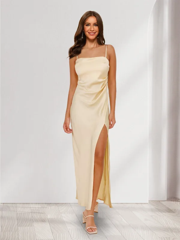 Sheath/Column Spaghetti Straps Ruched Sexy Bridesmaid Dresses with Side Slit sold by Lavetir
