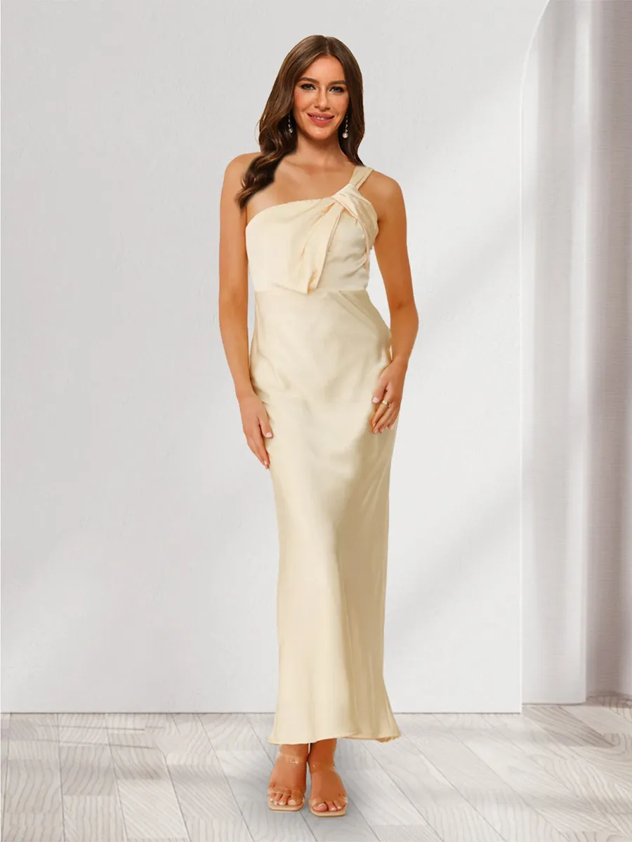 Sheath/Column Off-the-Shoulder Ankle-Length Ruched Chic Bridesmaid Dresses sold by Lavetir