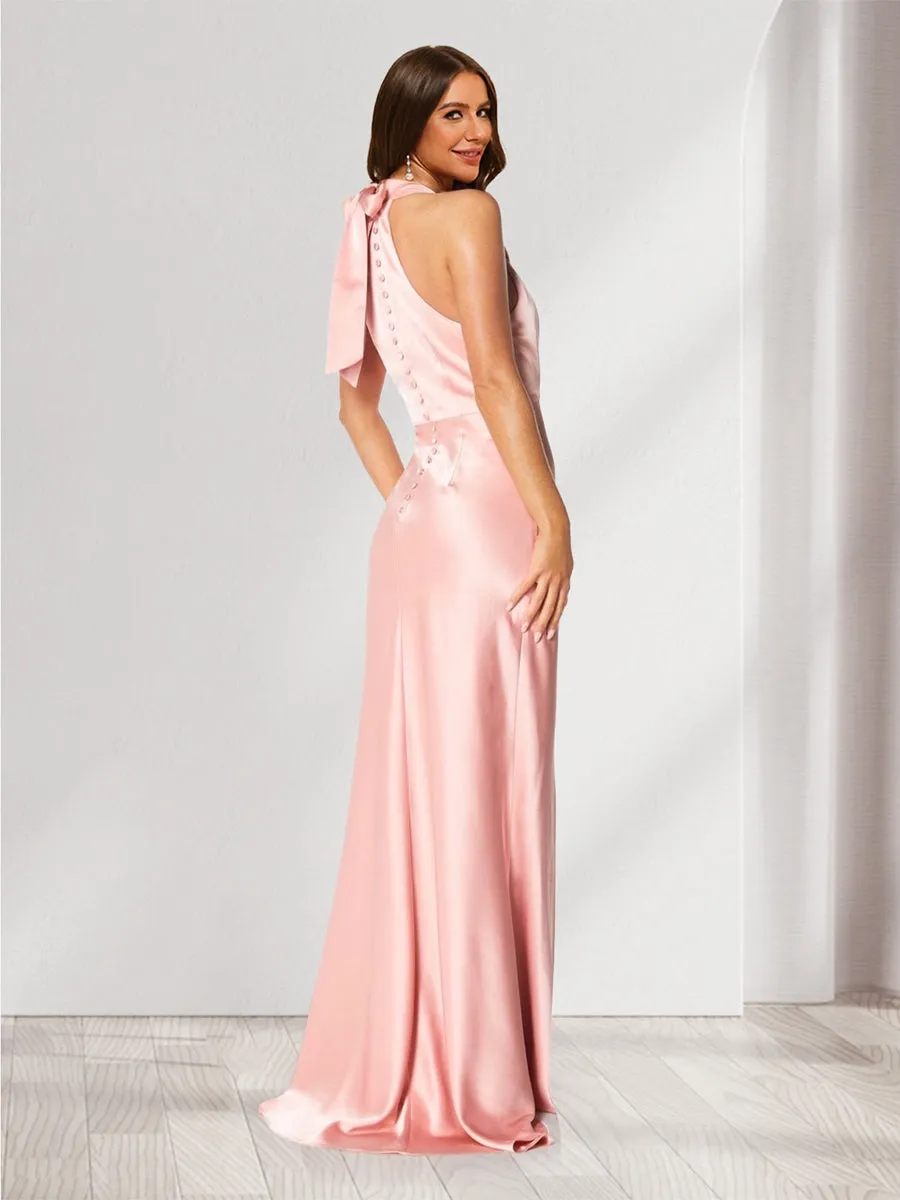 Sheath/Column Halter Sleeveless Ruched Bridesmaid Dresses with Bow(s) & Buttons sold by Lavetir product image thumbnail 2