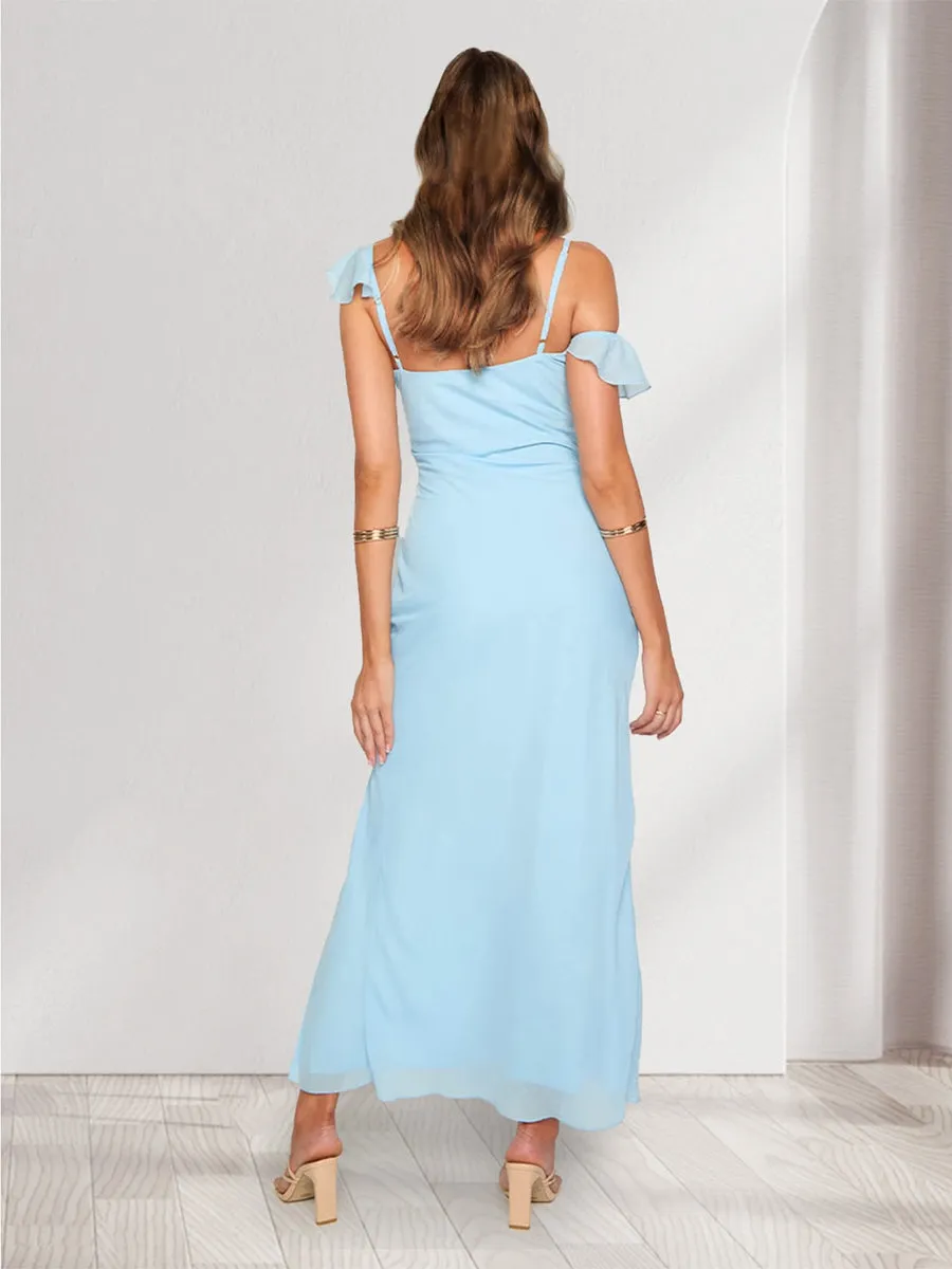 Sheath/Column Asymmetrical Neck Bridesmaid Dresses with Side Slit & Ruffles sold by Lavetir product image thumbnail 2