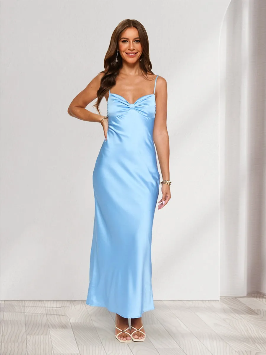 Sheath/Column Spaghetti Straps Ruched Bridesmaid Dresses with Knot & Lace-Up sold by Lavetir