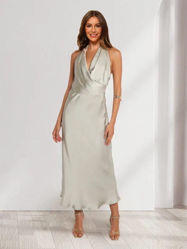 Sheath/Column Halter Cowl Neck Midi Dress Bridesmaid Dresses with Opened Back sold by Lavetir