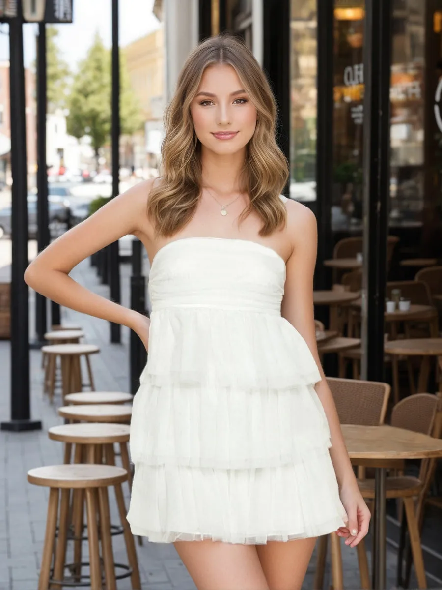 A-Line/Princess Strapless Layered Ruffle Tulle Mini Dresses Short Homecoming Dresses sold by Lavetir