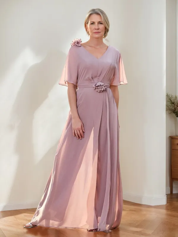 Chiffon V-Neck Half Sleeveless Mother of the Bride Pantsuits with 3D Floral sold by Lavetir