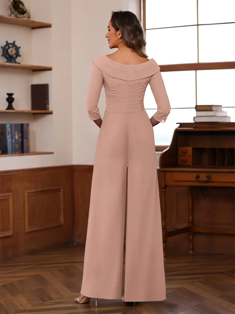 Chiffon V-Neck 3/4 Sleeveless Ruched Mother of the Bride Pantsuits with Sash sold by Lavetir product image thumbnail 2