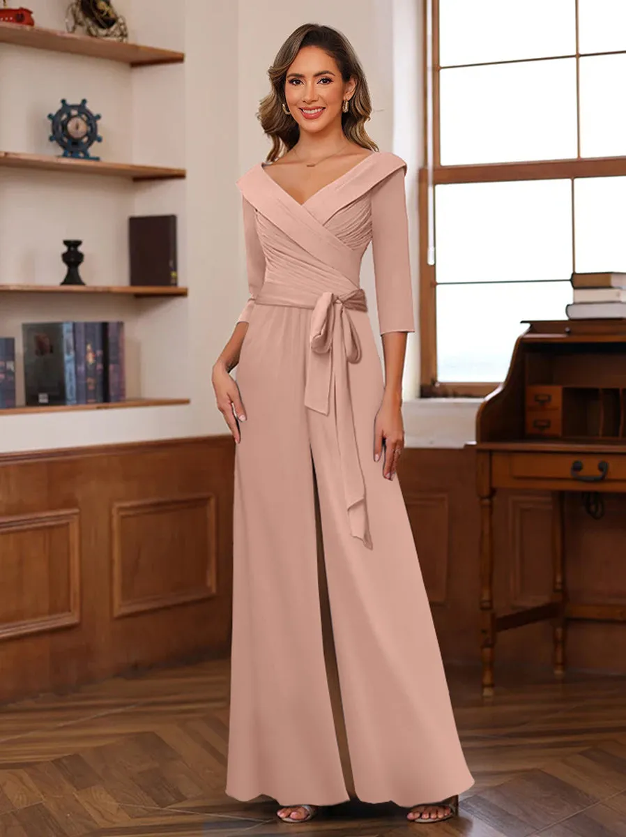 Chiffon V-Neck 3/4 Sleeveless Ruched Mother of the Bride Pantsuits with Sash sold by Lavetir