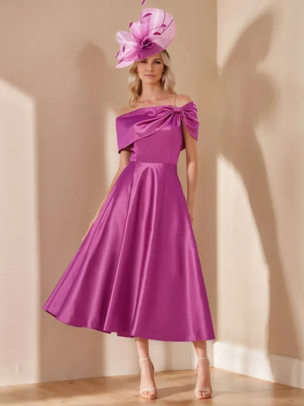 A-Line/Princess Off-the-Shoulder Short Sleeves Tea-Length Mother of the Bride Dresses sold by Lavetir