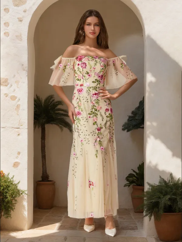 Trumpet/Mermaid Off-the-Shoulder Short Sleeves Long Prom Dresses with Embroidery & Bow sold by Lavetir