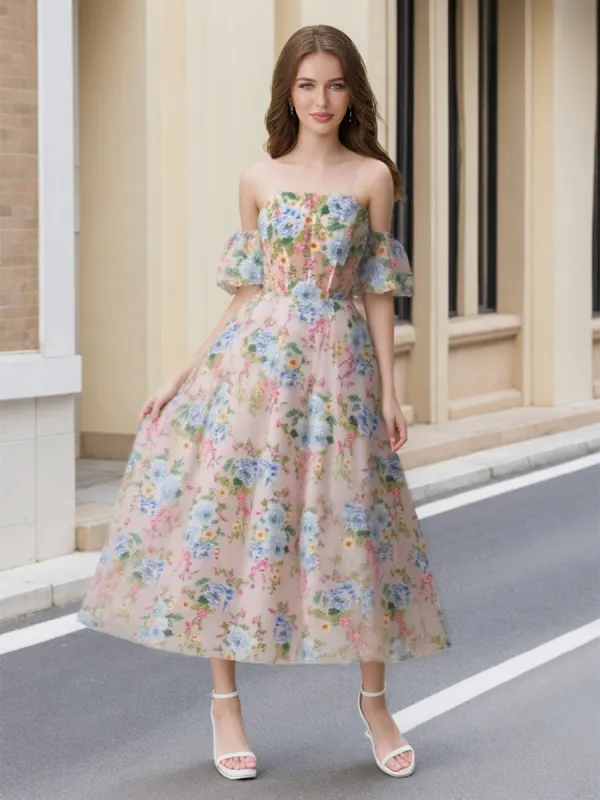 A-Line/Princess Off-the-Shoulder Tea-Length Ruched Printed Floral Prom Dresses sold by Lavetir