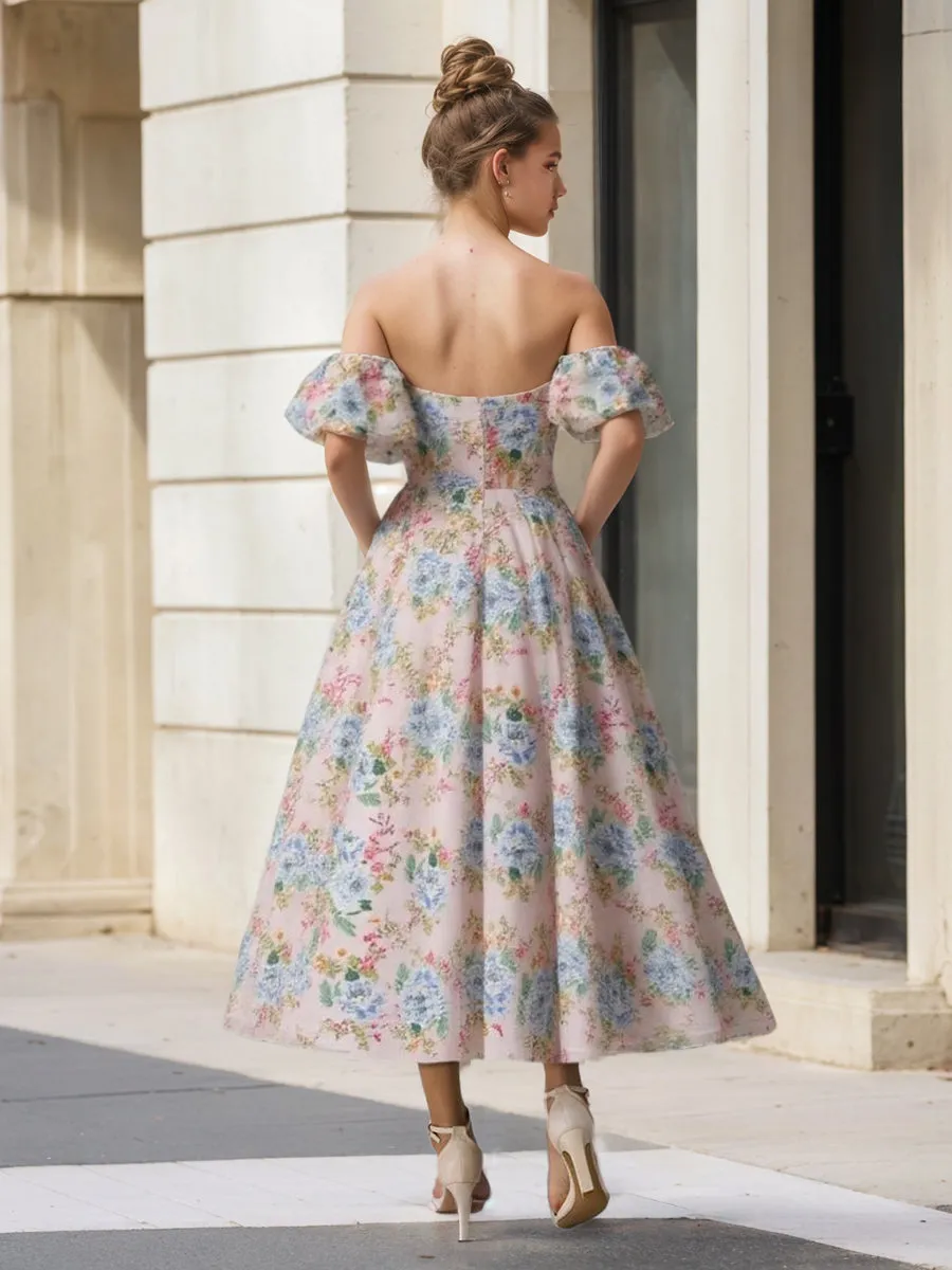 A-Line/Princess Off-the-Shoulder Tea-Length Ruched Printed Floral Prom Dresses sold by Lavetir product image thumbnail 2