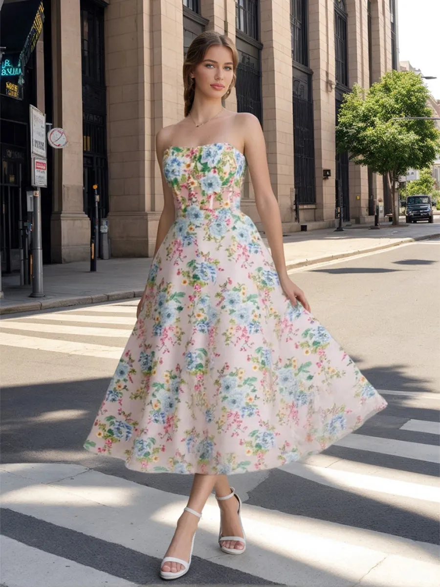 A-Line/Princess Off-the-Shoulder Tea-Length Ruched Printed Floral Prom Dresses sold by Lavetir product image thumbnail 3