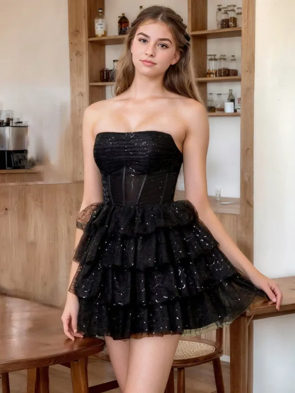 A-Line/Princess Strapless Ruched Homecoming Dresses with Multi Tiered Ruffles sold by Lavetir
