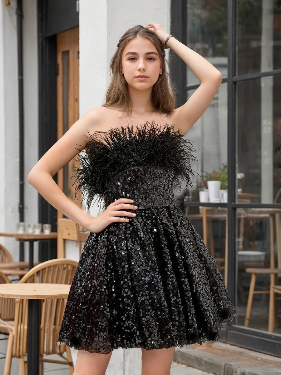 A-Line/Princess Off-the-Shoulder Short Homecoming Dresses with Sequins & Feather sold by Lavetir