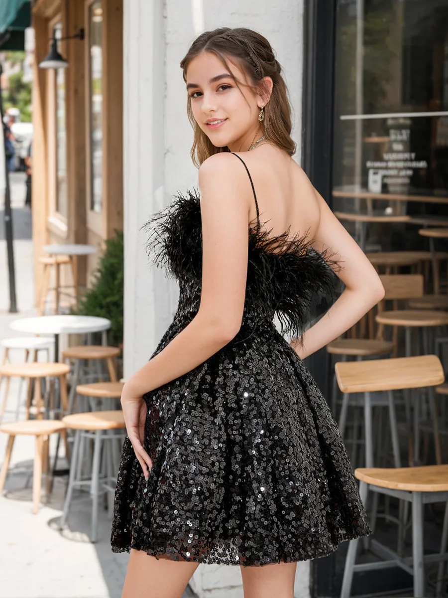 A-Line/Princess Off-the-Shoulder Short Homecoming Dresses with Sequins & Feather sold by Lavetir product image thumbnail 2