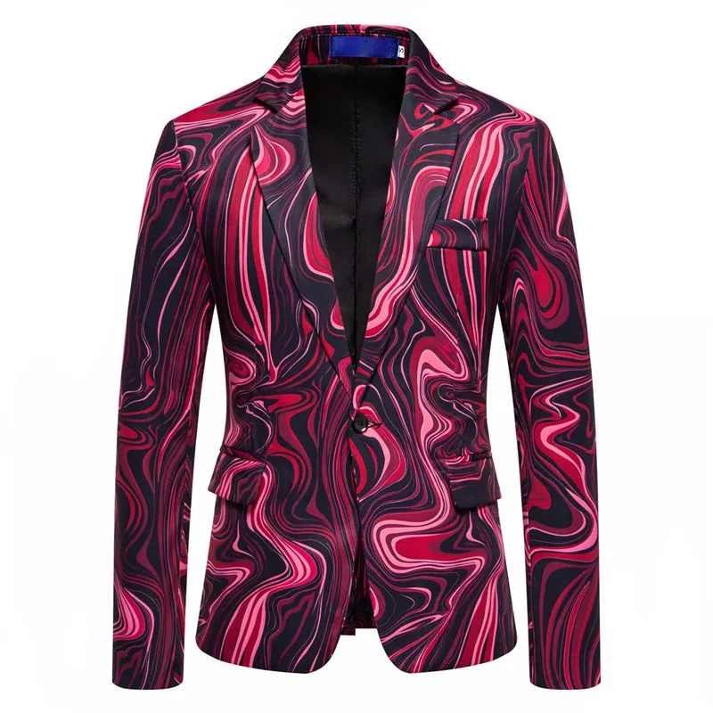 Tailored Fit Notch Single Breasted One-button Printed Wave Men's Jacket sold by Lavetir
