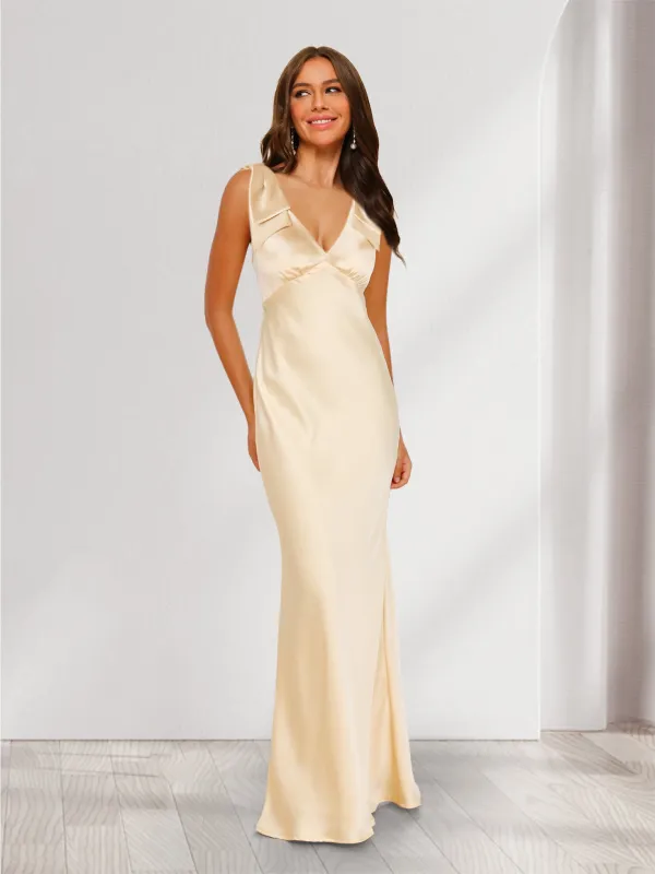 Sheath/Column V-Neck Floor-Length Long Bridesmaid Dresses with Bow sold by Lavetir