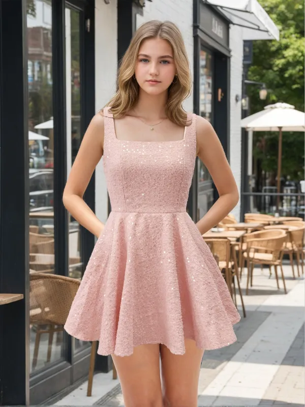 A-Line Chich Square Neck Sequin Short Homecoming Dresses with Bow sold by Lavetir