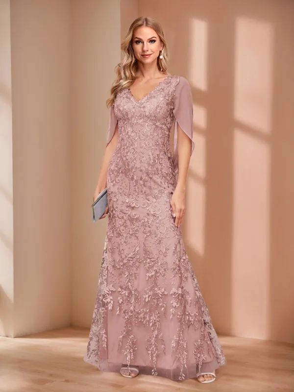 Sheath/Column V-Neck Short Sleeves Appliques Mother of the Bride Dresses with Cape sold by Lavetir