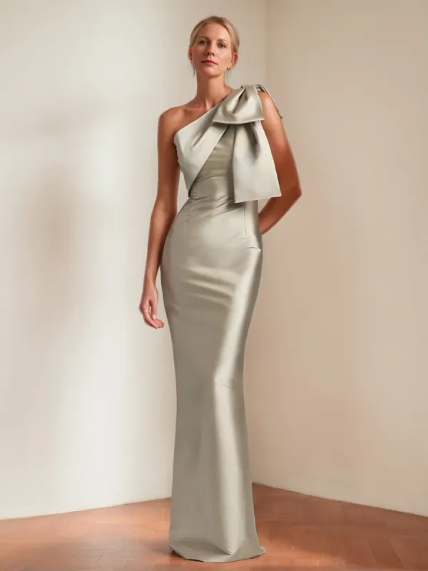 Sheath/Column One-Shoulder Floor-Length Long Mother of the Bride Dresses with Bow sold by Lavetir