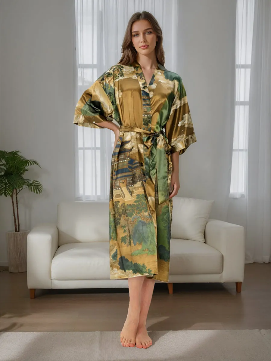 Brown Hand Painted Ink Landscape Printed Floral Women's Robes sold by Lavetir