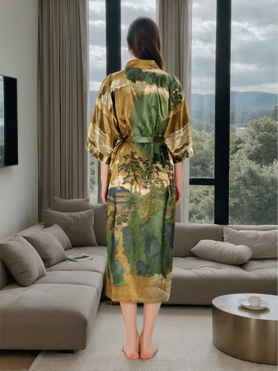 Brown Hand Painted Ink Landscape Printed Floral Women's Robes sold by Lavetir product image thumbnail 2