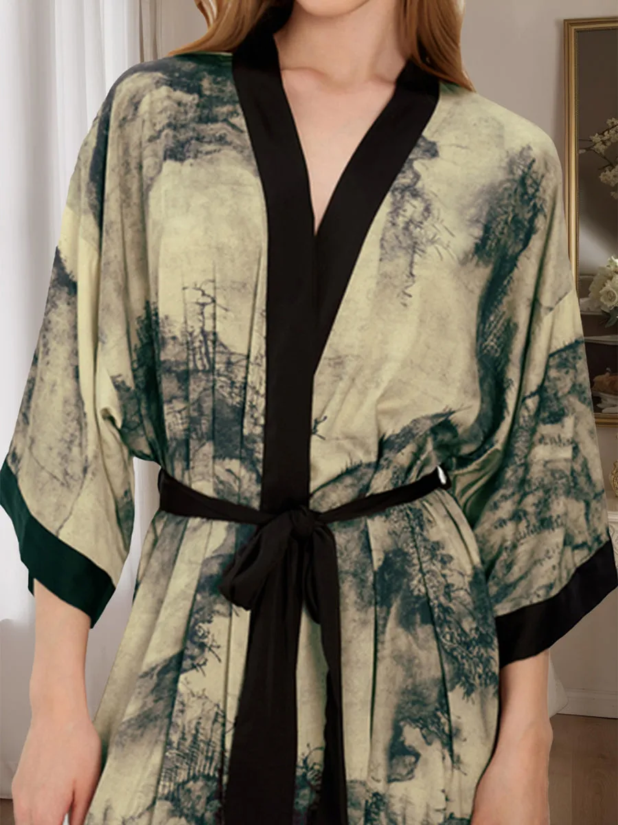 Hand Painted Ink Landscape 3/4 Sleeves Comfortable Women's Robes sold by Lavetir product image thumbnail 3