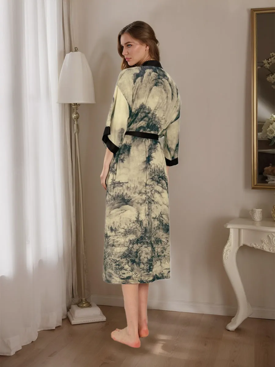 Hand Painted Ink Landscape 3/4 Sleeves Comfortable Women's Robes sold by Lavetir product image thumbnail 2