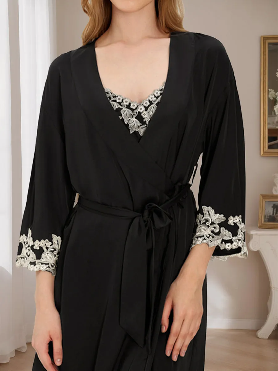 Women's Floral Embroidery Spaghetti Straps Short Robe Set sold by Lavetir product image thumbnail 3