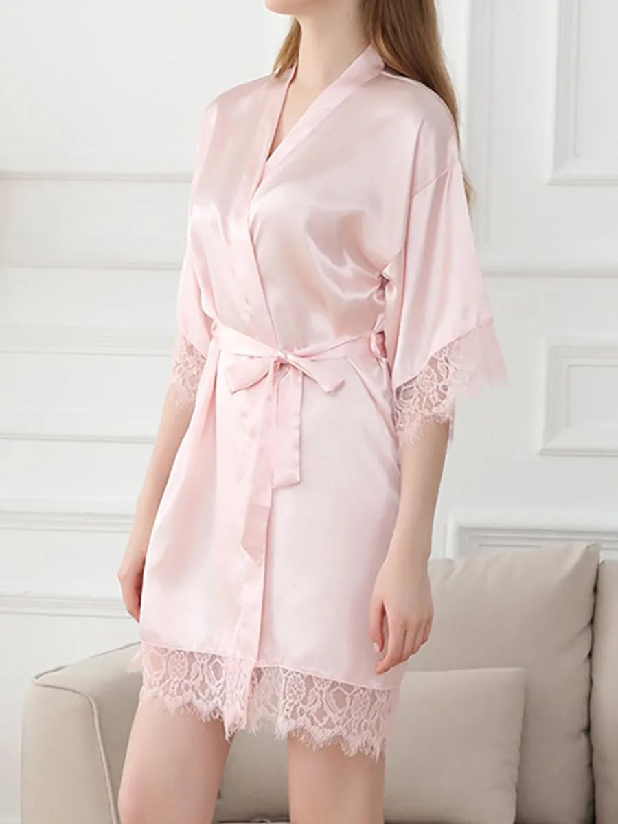 Silk Satin Short/Mini Solid Color Bride Robes with Lace Trim sold by Lavetir product image thumbnail 3