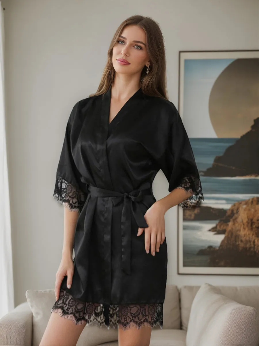 Silk Satin Short/Mini Solid Color Bride Robes with Lace Trim sold by Lavetir product image thumbnail 5