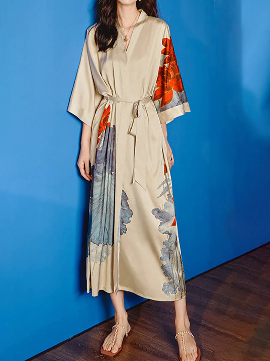 Hand Painted Lotus Satin Tea-Length Long Women's Robes sold by Lavetir product image thumbnail 3