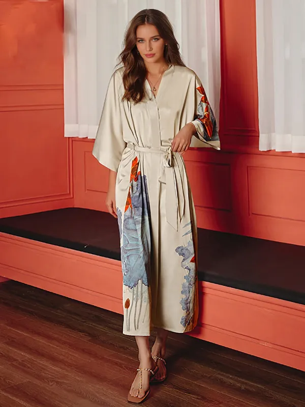 Hand Painted Lotus Satin Tea-Length Long Women's Robes made by Lavetir