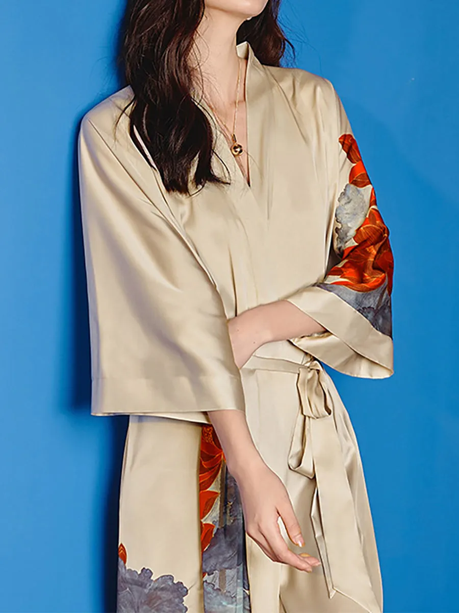 Hand Painted Lotus Satin Tea-Length Long Women's Robes sold by Lavetir product image thumbnail 4