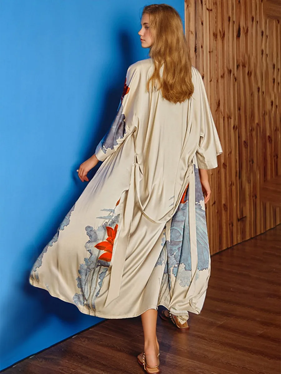 Hand Painted Lotus Satin Tea-Length Long Women's Robes sold by Lavetir product image thumbnail 2