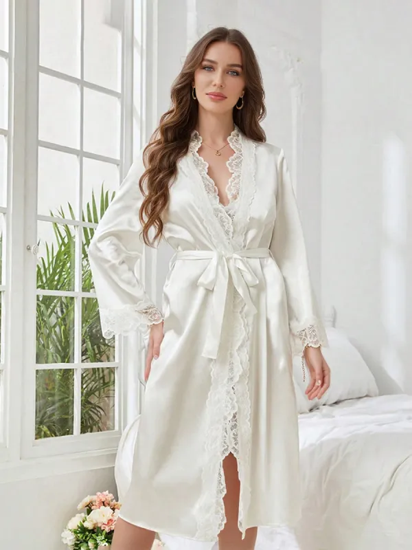 Silk Satin Long Sexy Bride Robes with Lace Trim sold by Lavetir