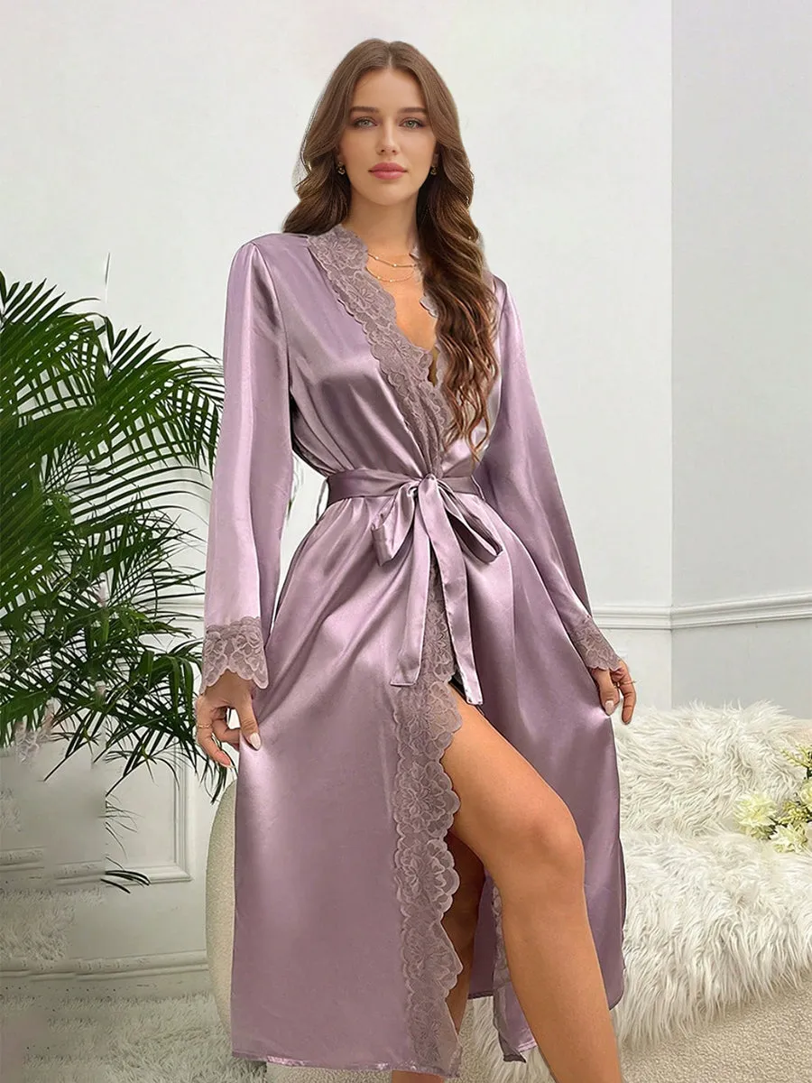 Silk Satin Long Sexy Bride Robes with Lace Trim sold by Lavetir product image thumbnail 5