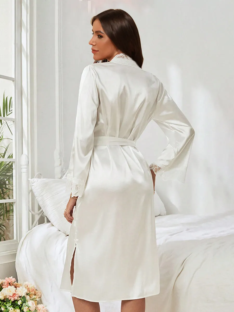 Silk Satin Long Sexy Bride Robes with Lace Trim sold by Lavetir product image thumbnail 2