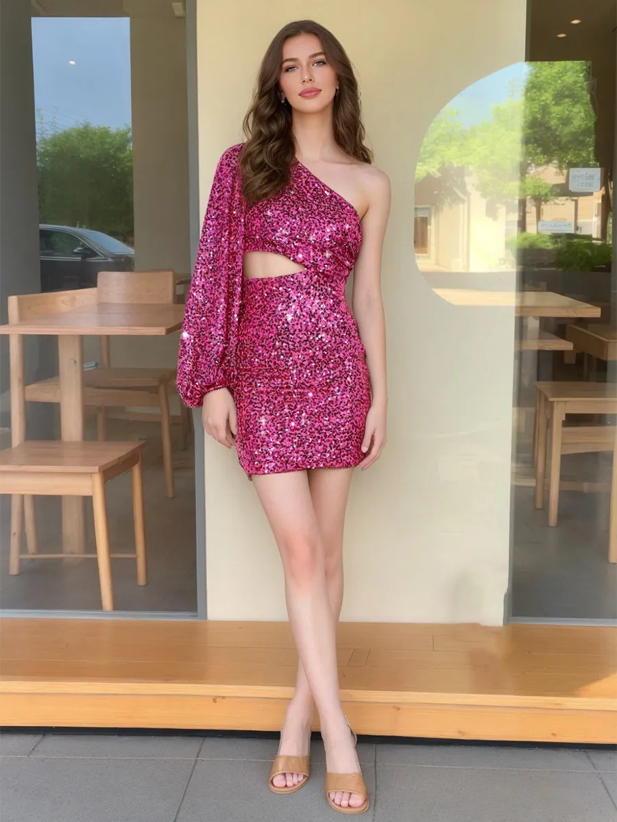 Sheath/Column One-Shoulder Short Homecoming Dresses with Sequins & Cut Out sold by Lavetir product image thumbnail 3