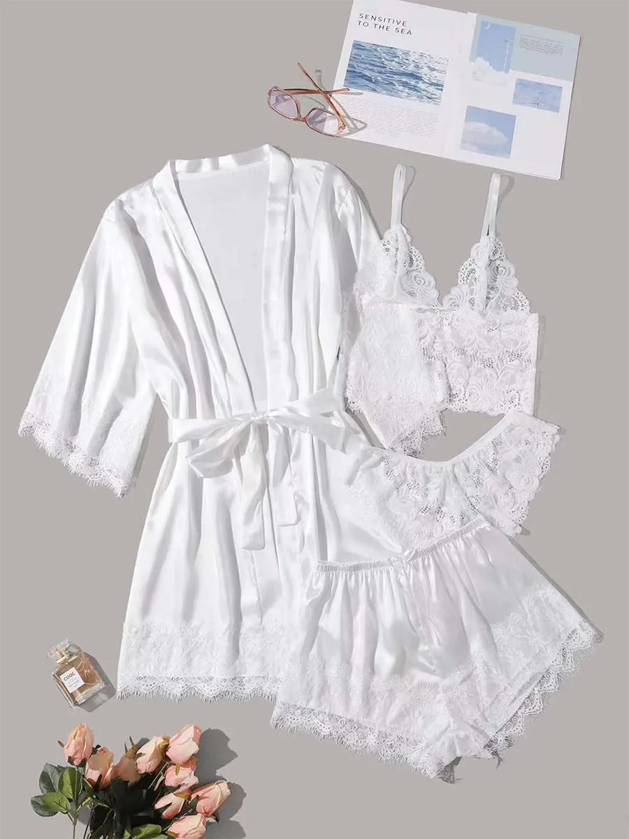 Women's White Short/Mini Four Pieces Sexy Robe Set with Lace Trim sold by Lavetir product image thumbnail 2