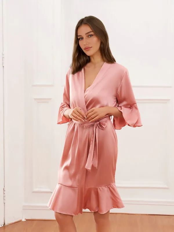 Women's V-Neck Half Sleeves Knee-Length Bridal Robes with Ruffles sold by Lavetir